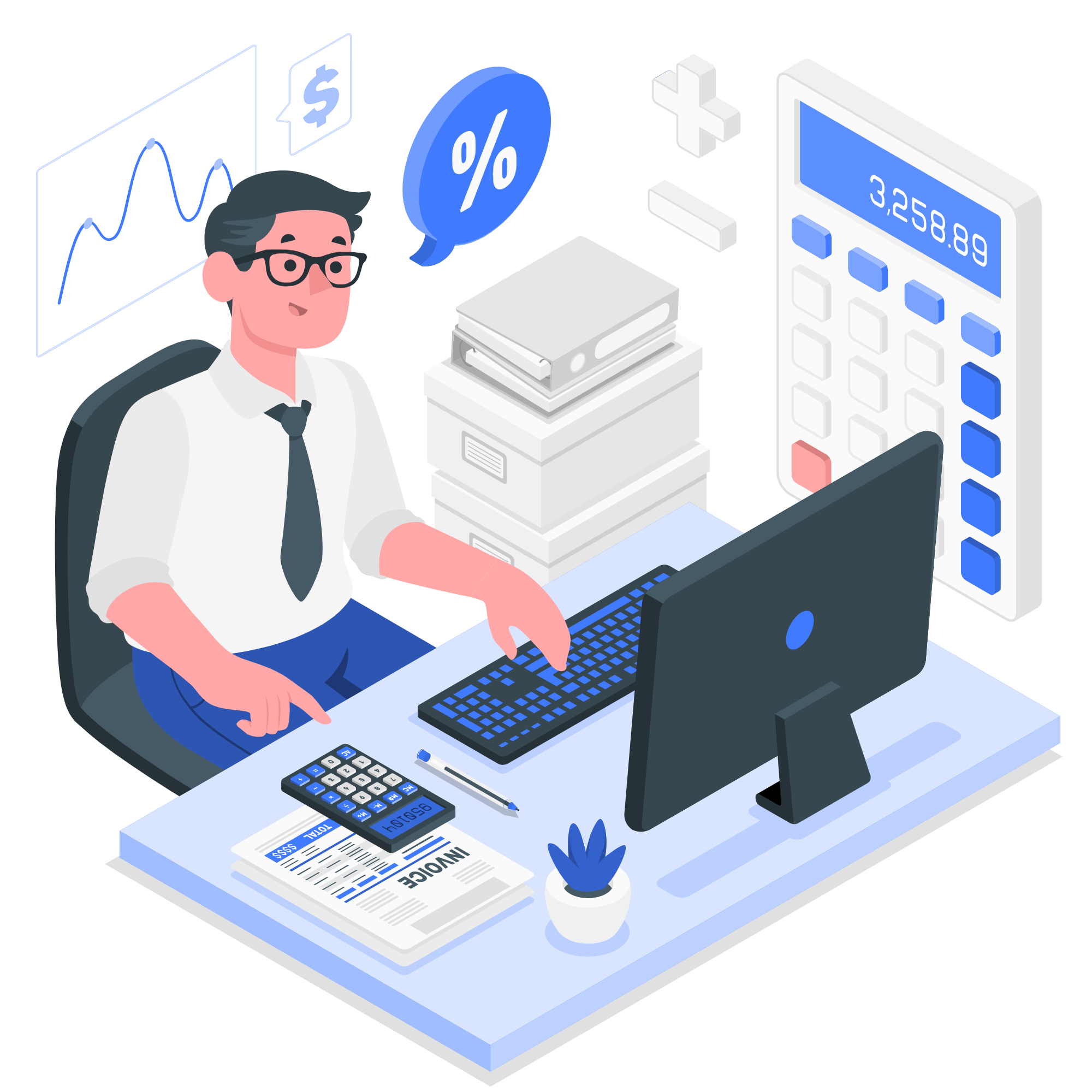Illustration of a professional working on GST registration and accounting tasks at a desk with computer, calculator, and invoice documents