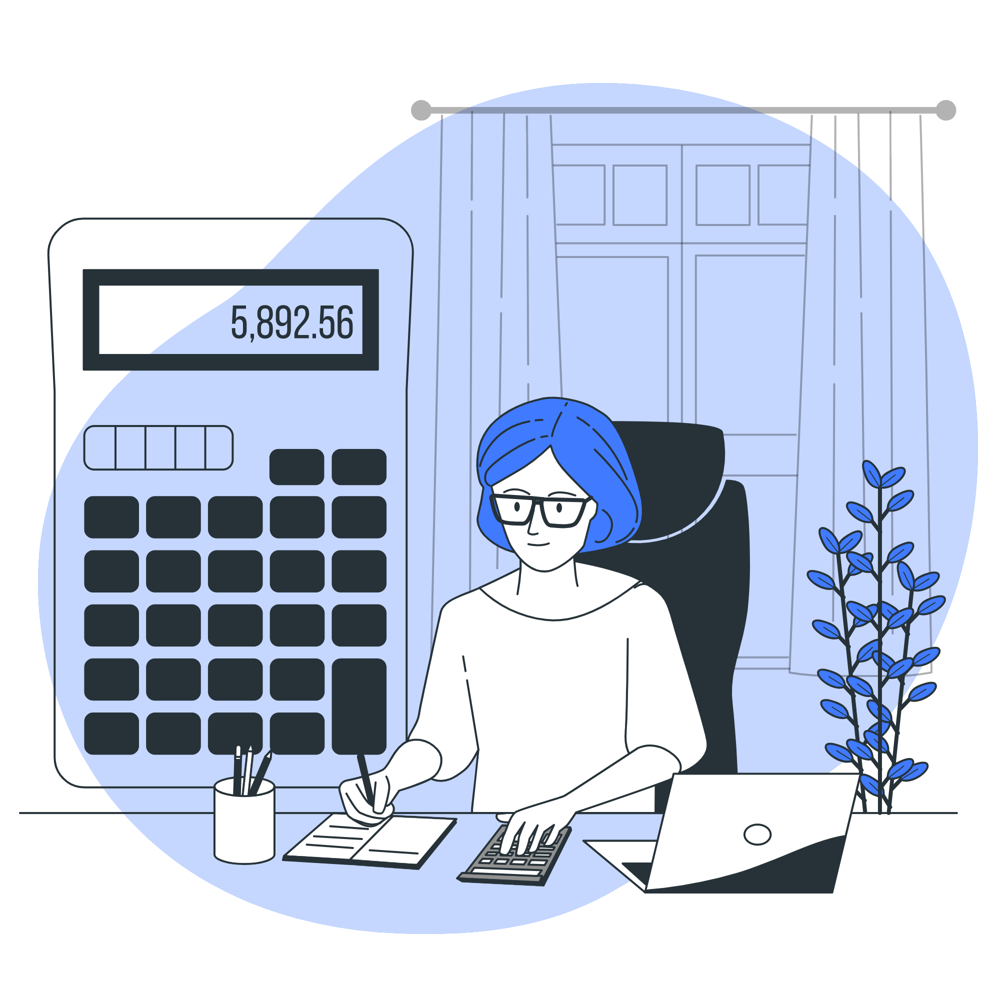 Illustration of a bookkeeper working on financial records with a large calculator, notebook, and laptop, representing professional outsourced bookkeeping/Accounting services in thiruvananthapuram