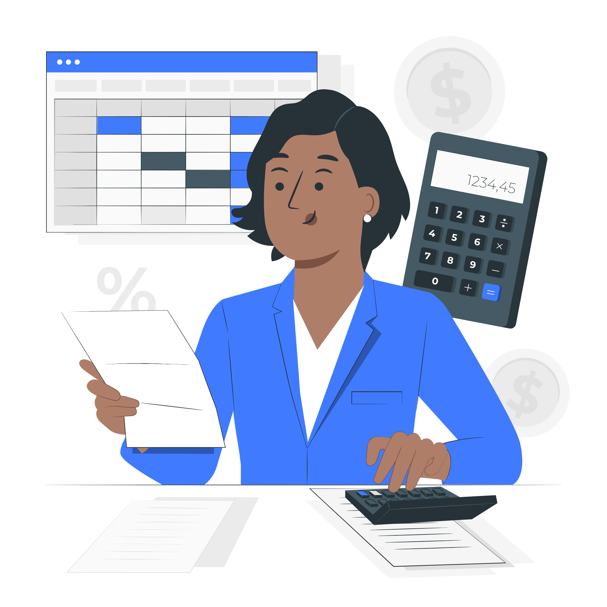 "Illustration of a businesswoman reviewing financial documents and using a calculator for GST registration in thiruvananthapuram