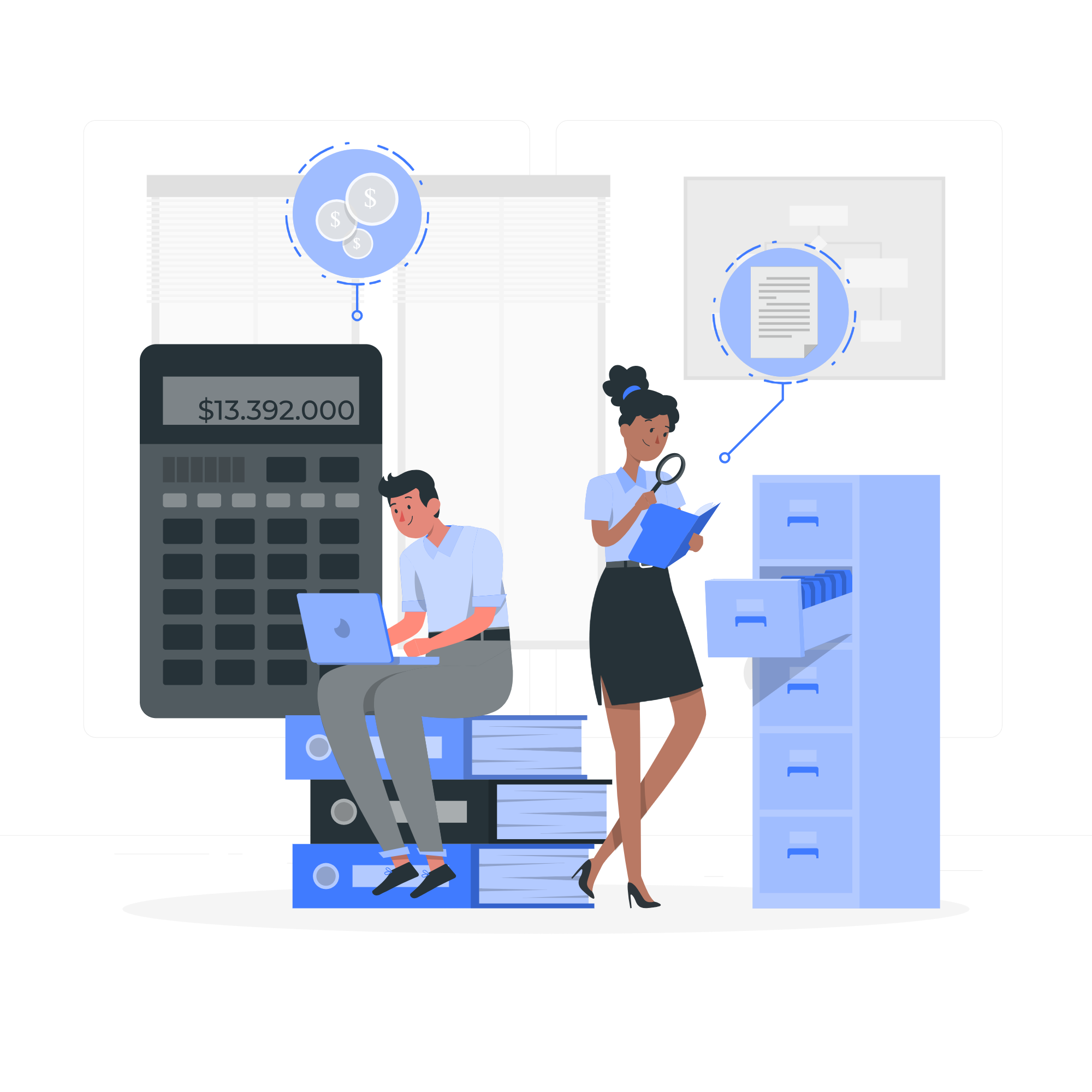 Illustration of two professionals managing financial records with a laptop, documents, and a large calculator, representing streamlined outsourced bookkeeping services.