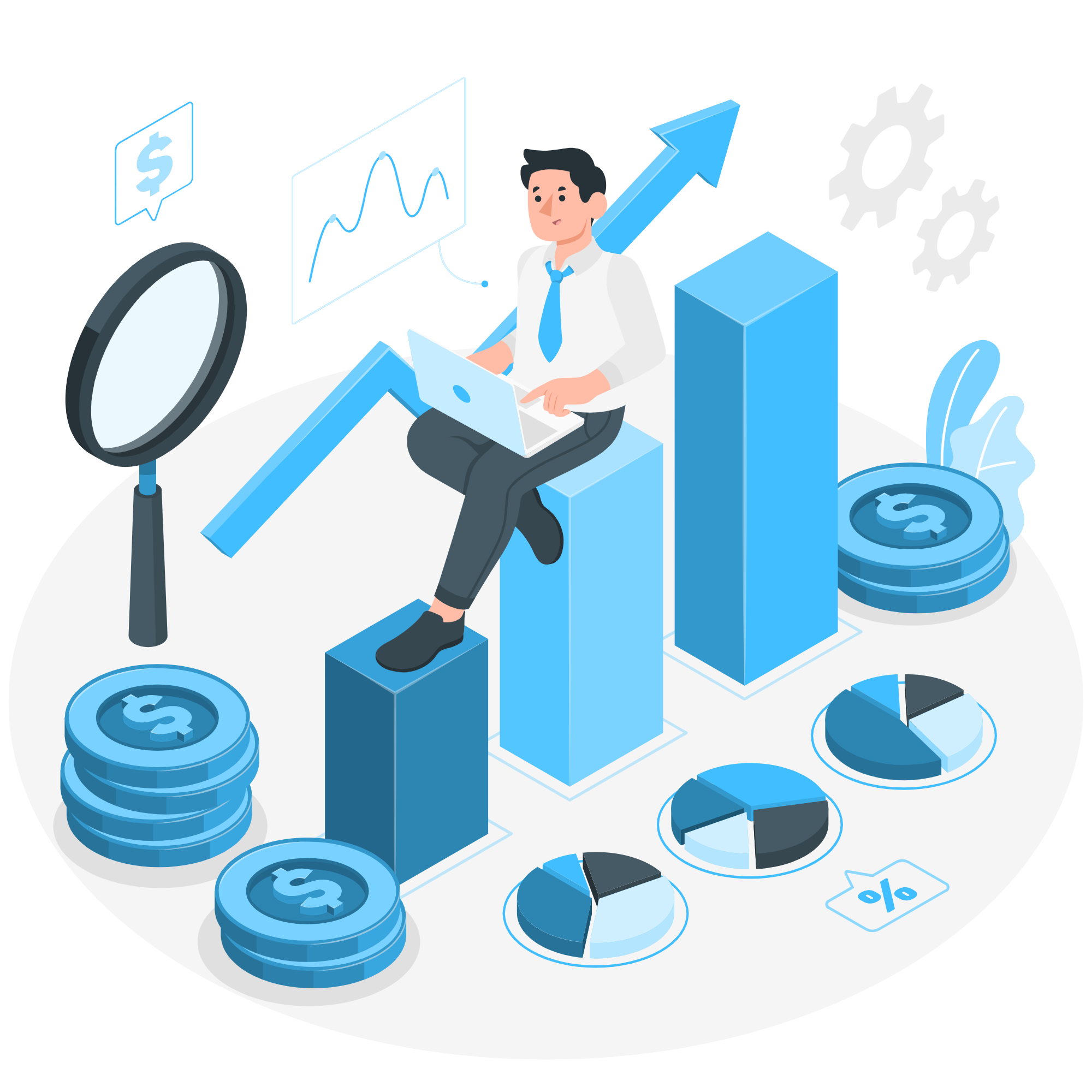Illustration of a person sitting on a bar chart surrounded by currency symbols, coins, and data graphs, representing financial growth and investment insights.