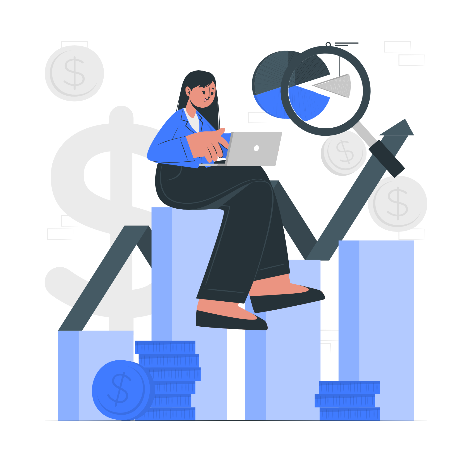 "Woman with laptop sitting on bar chart, analyzing money and data with graphs