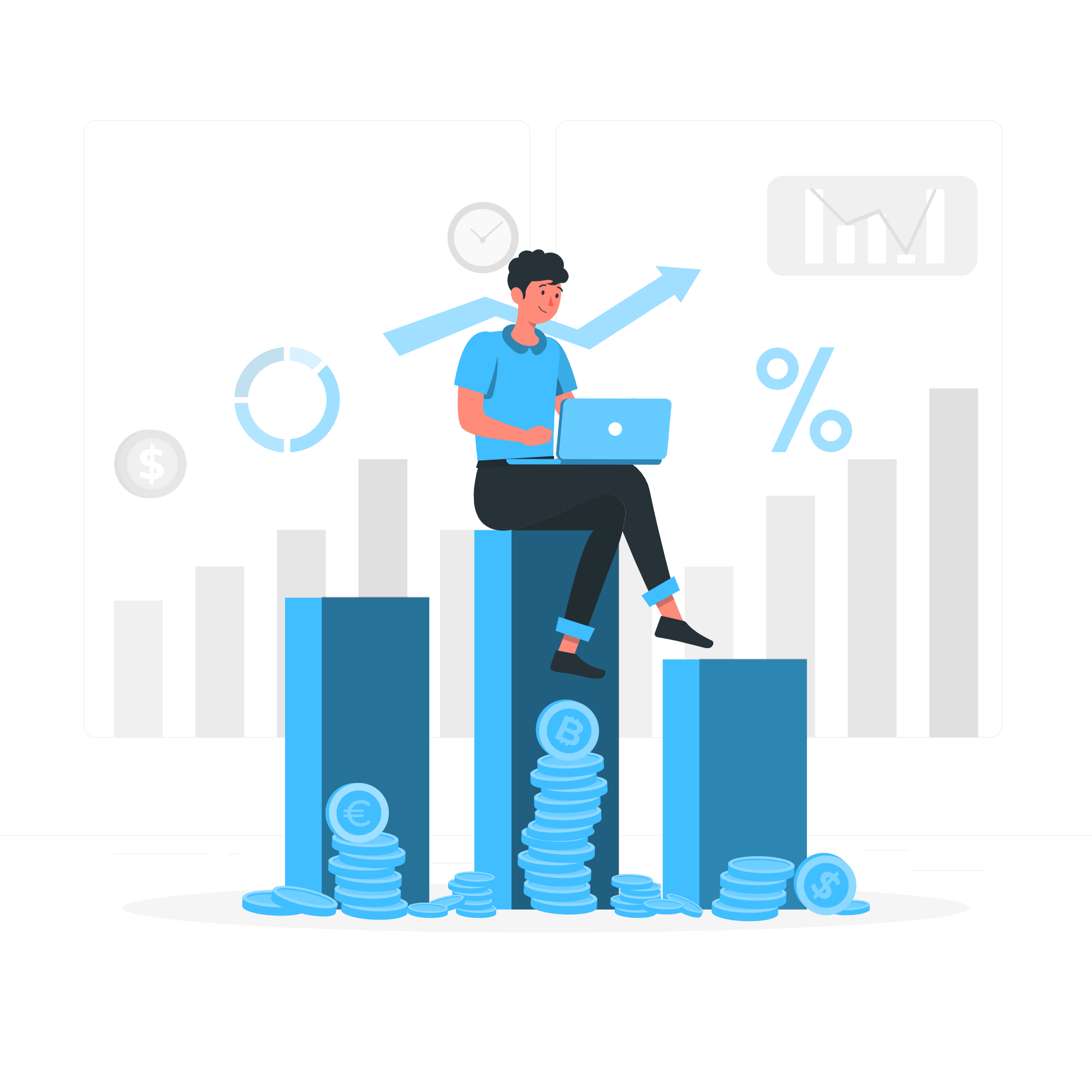 Person using laptop on bar graph with coins, charts, and growth symbols.