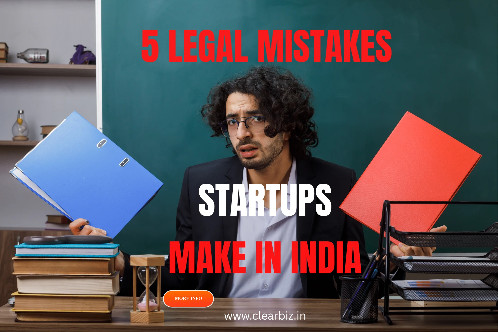 Confused businessman holding folders representing legal mistakes startups make in India, highlighting challenges in documentation and compliance.